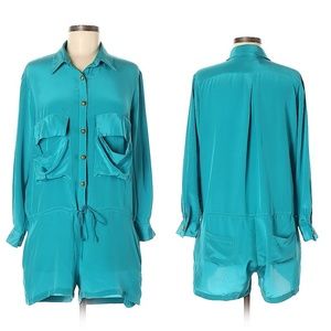 Boulee Blue Long Sleeve Lightweight Bright Blue Silk Romper ~ Casyal Streetwear